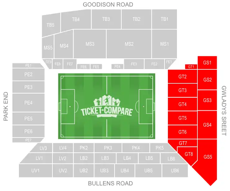 Howard Kendall Gwladys Street End at Goodison Park highlighted