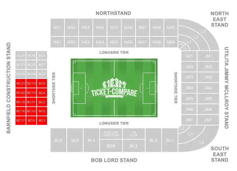 Turf Moor Stadium Seating Plan with Away section highlighted
